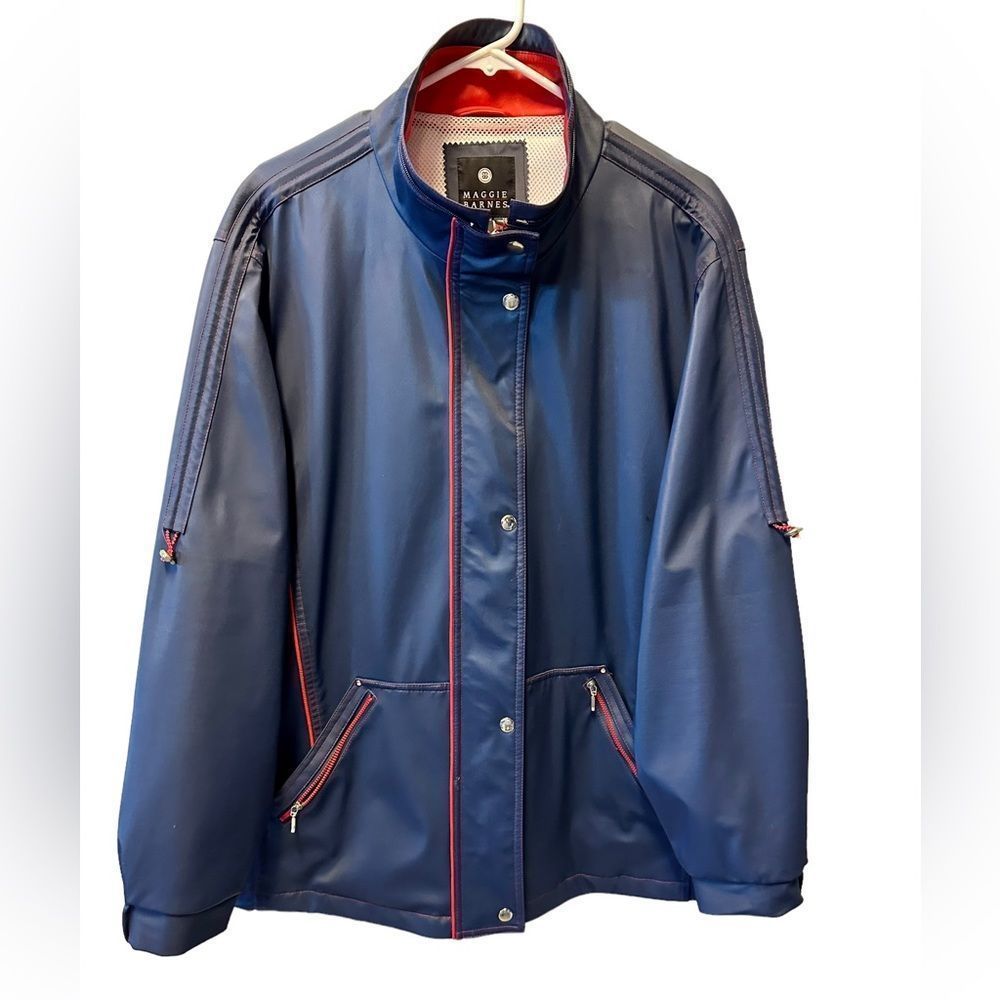 Maggie Barnes, all weather jacket , 1X , blue , white red